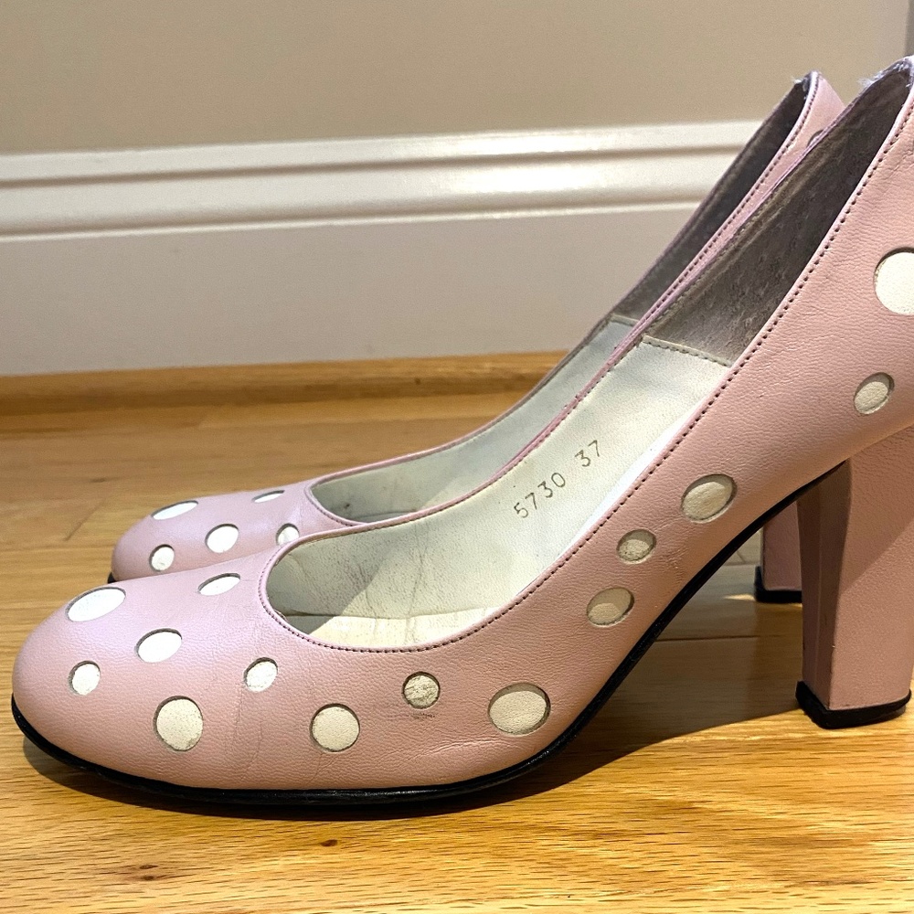 Vintage Pink Polka Dot Round Toe Heel Pumps Leather 7